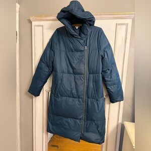 Garnet Hill Women's Teal Alpine Long Goose Down Lightweight Hooded Puffer Coat M